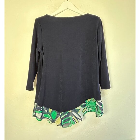 Chico's Travelers Womens Navy Blue 3/4 Sleeve Tunic Top Leaf Print Hem Size 2 - Picture 2 of 8